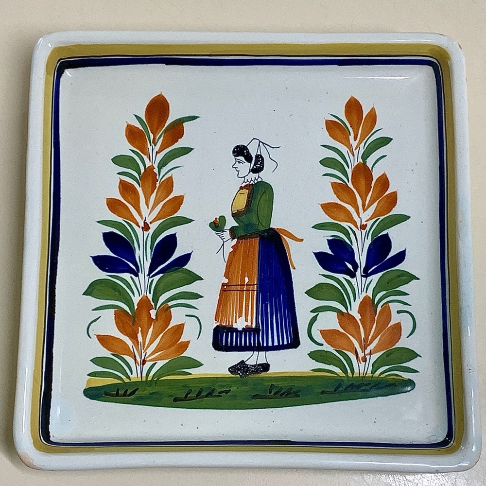 Hand-Painted Ceramic Art Plate with Orange and Blue Design
